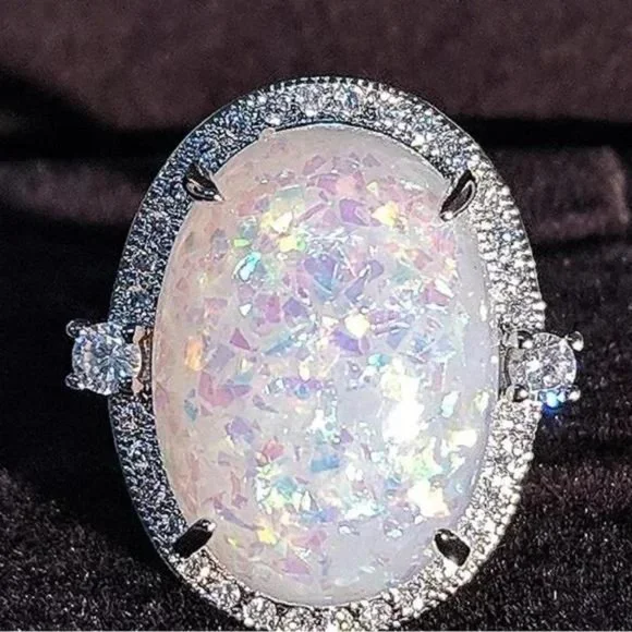 NEW 925 STERLING SILVER OPAL DIAMOND RING, CUTE RING, SHINY RING. - Picture 3 of 5